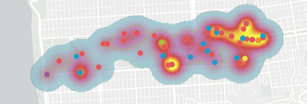 A heat map of the 100 injury collisions involving people walking and biking in Golden Gate Park since 2015. Note the concentration around J.F.K before it was closed. Image: Rec and Park