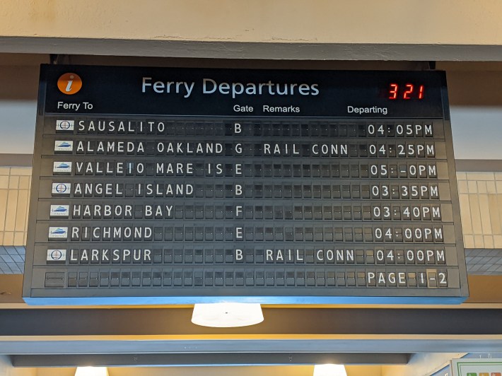 The supposed TI ferry isn't listed on the departure board. Photo: Streetsblog/Rudick