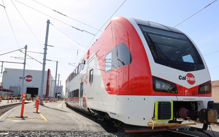 Caltrains first new trainset at its yard in San Jose. Image: Caltrain