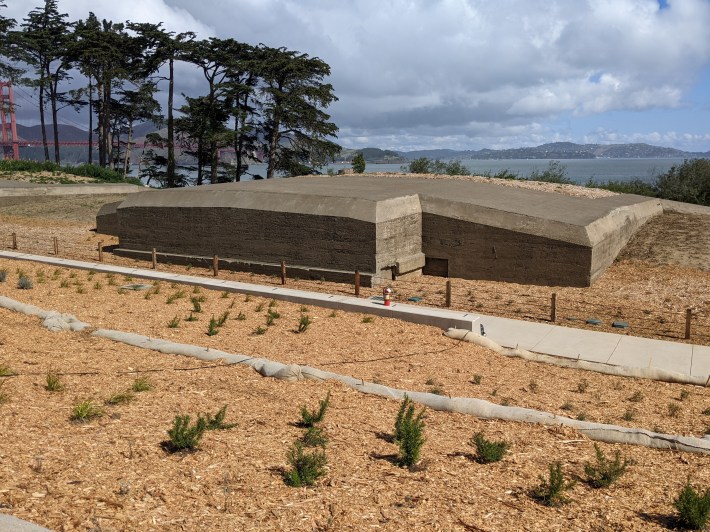 Some of the new landscaping and one of the newly cleaned and painted gun emplacements