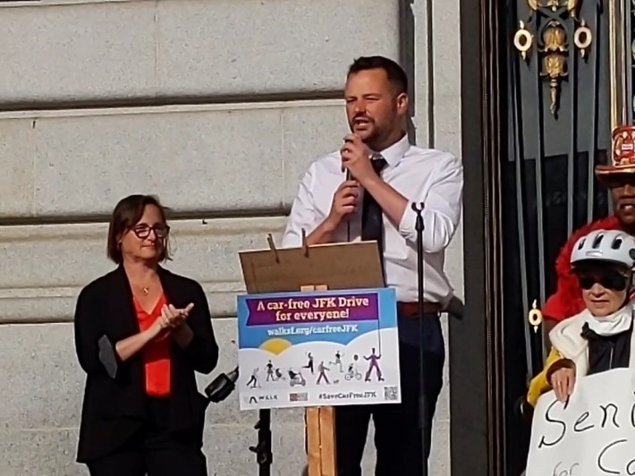 Walk S.F.'s Jodie Medeiros and Supervisor Matt Haney at the rally. Photo: Streetsblog/Rudick