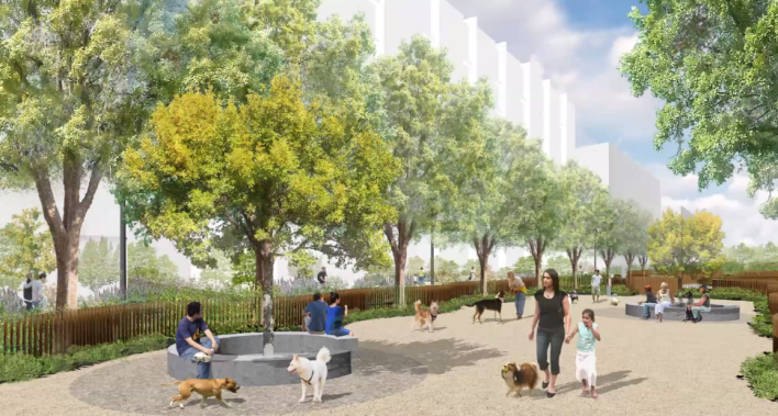 A rendering of a dog park that's part of an overall realm designed to facilitate walking and cycling, rather than driving