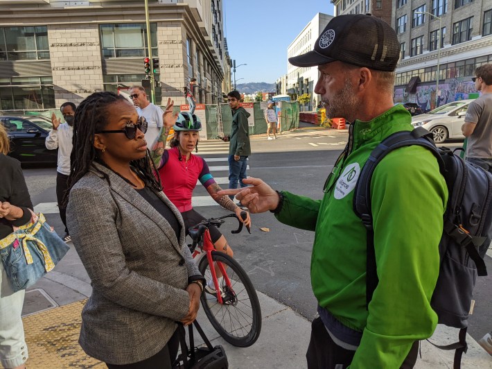 Councilmember Carroll Fife and advocate Dave Campbell at Thursday's demonstration. Photo: Streetsblog/Rudick