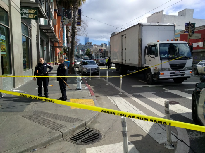 The scene in March 2019 when Tess Rothstein was killed in San Francisco in an unprotected bike lane when she was run over by this truck. Photo: Streetsblog/Rudick