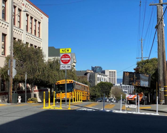 The Laguna diverter represents the only tangible SFMTA element of the "Neighborhood way" project that's been installed, after at least seven years of outreach and planning. Photo: SFMTA