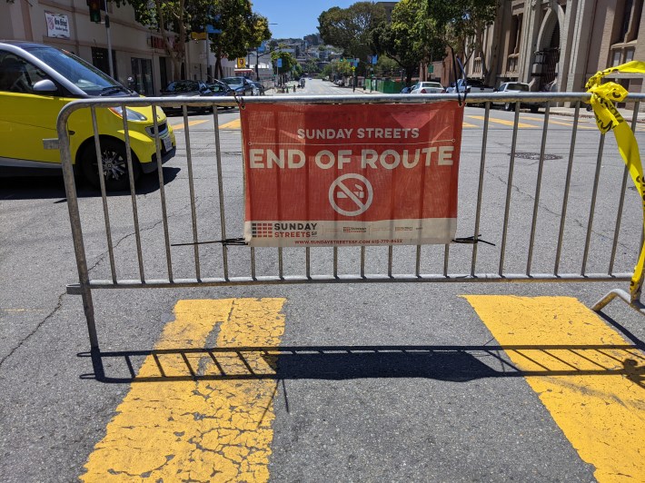 The southern end of Sunday Streets. Way in the distance one can see the southern protected bike lane pilot on the other side of Cesar Chavez