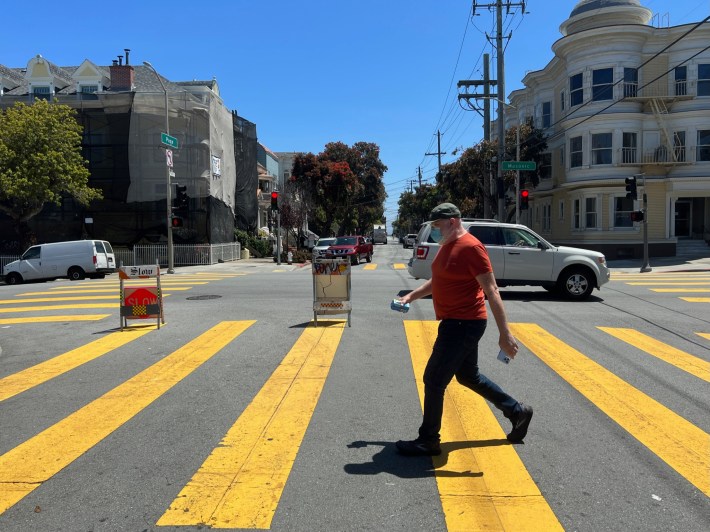 A pedestrian crossing at Masonic and Page, one of several locations previously marked for diverters. Photo: Molly Hayden