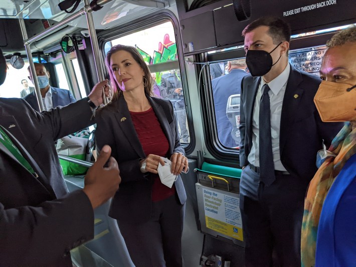 Buttigieg with Mayor Schaaf on the bus tour. Photo: Streetsblog/Rudick