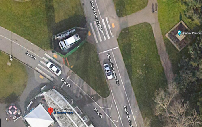 A bird's eye view of the generator, the white box, blocking the crosswalk and ADA access. Image: Google maps