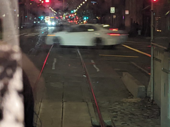 The view from the train at 4th and Brannan, waiting for motorists to cross.