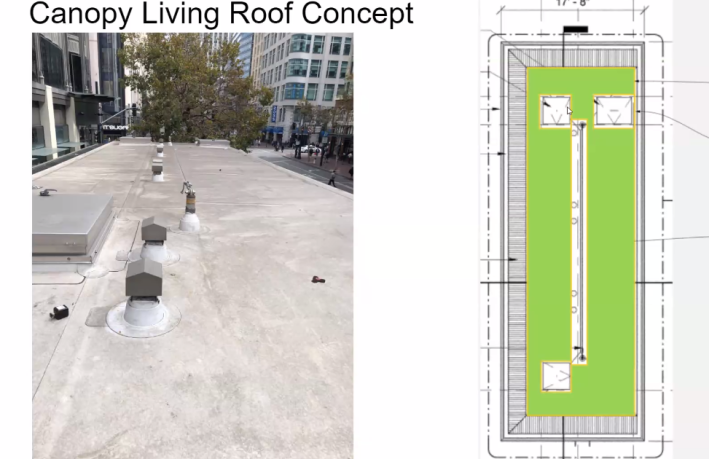 Note the utilities and access hatches on the roof. The green area will have to work around these.