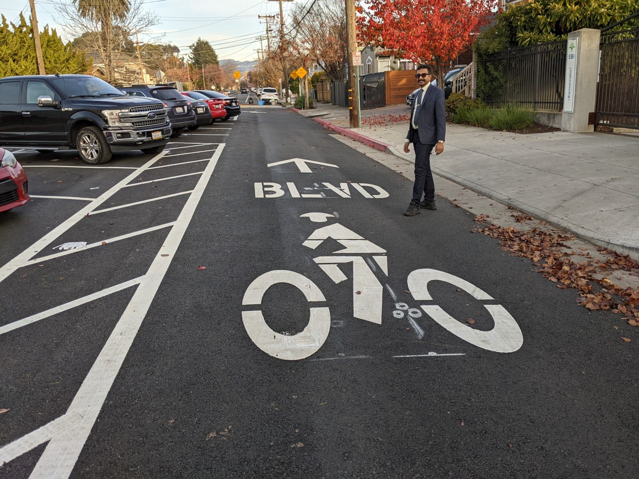 Swaminathan on 45th, where parking was shifted to the middle of the street to make a safer street for cycling