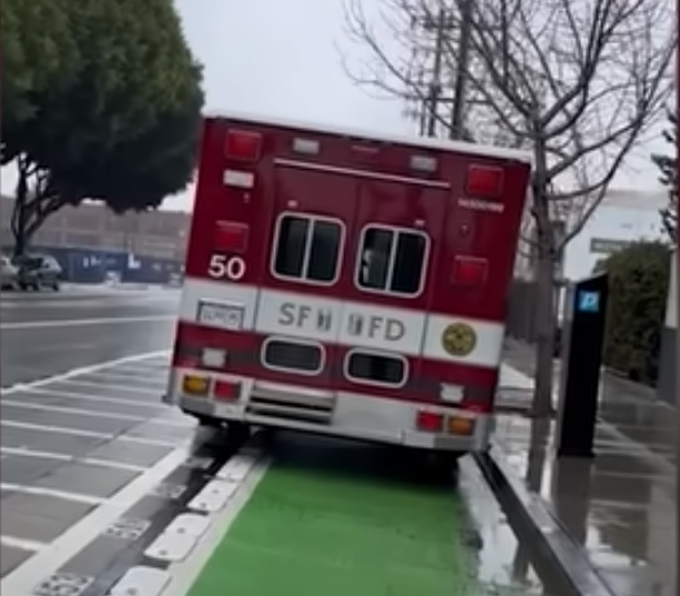 SFFD blocking the bike lane. Image from Randecker's video.