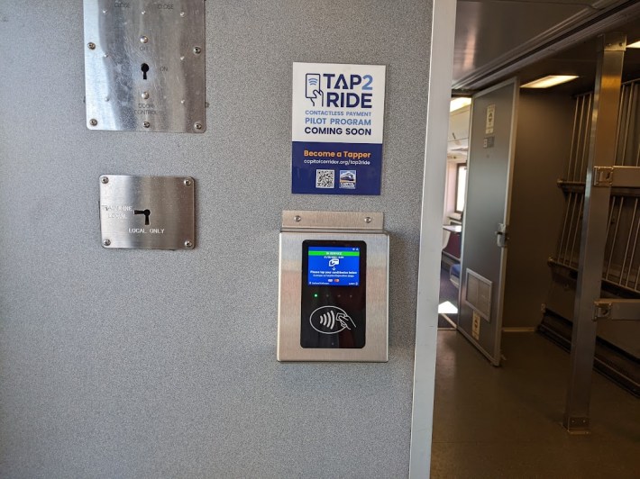 Clipper reader on Amtrak. Photo: Streetsblog/Rudick