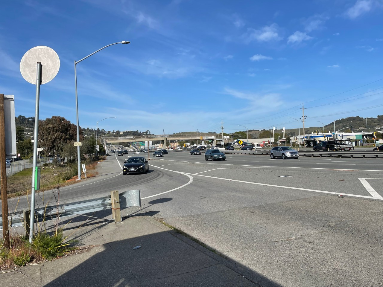 The Lucky Drive bus stop on the side of the 101 freeway. Talk about how NOT to build transit infrastructure! Photo: Antony Trezos