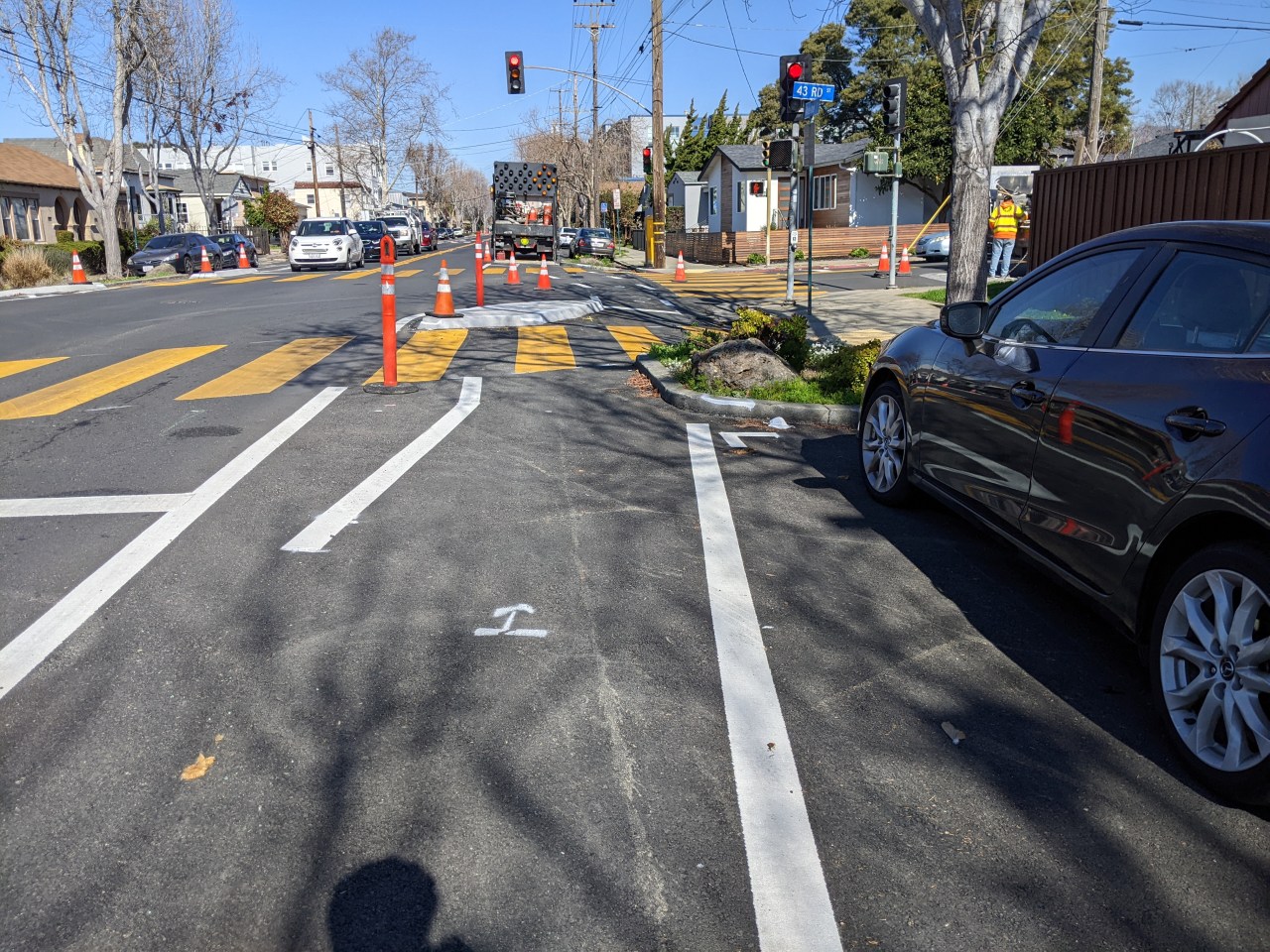 This intersection's geometry allowed for a smoother turn around the protective island