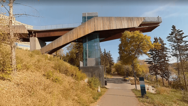 Bike/ped bridges with elevators can also be architecturally interesting, such as this one in Edmonton, Alberta. Photo: Google Maps