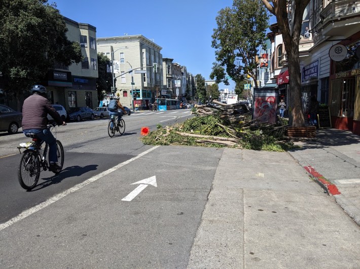 Seen Saturday on Valencia. The same city officials that want advocates to trust them that they want a center running lane to facilitate pedestrianization at some future, unspecified date, cleared a fallen tree and stores the wood neatly on a bike share station and on the existing bike lane. Photo: Streetsblog/Rudick