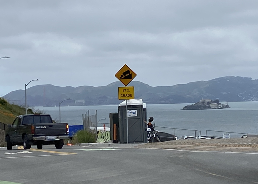 This is the only warning sign about what's ahead. That's Alcatraz Island out there in the Bay. Photo: Melanie Curry/Streetsblog