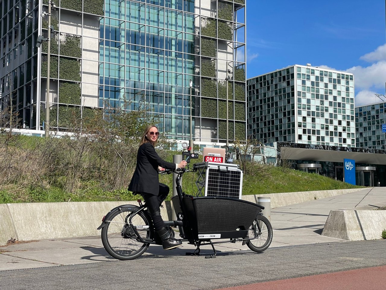BBC's Anna Holligan with her rolling broadcast studio in the Netherlands