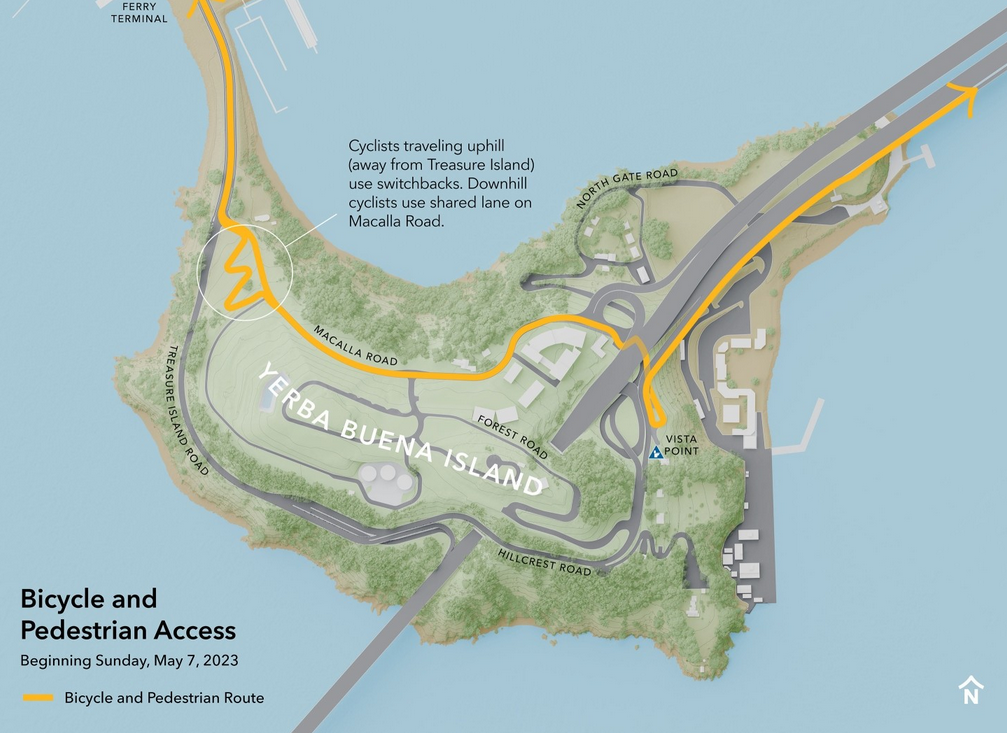 Map shows green island surrounded by blue water, with current bike route in orange