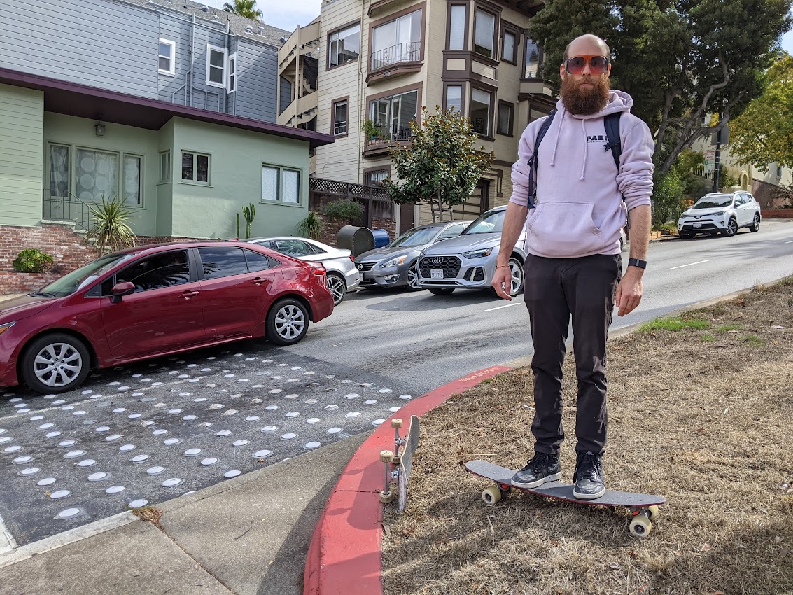 Skateboard advocate Aaron Breetwor next to the bots dots on Dolores