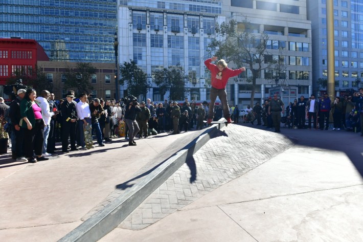 A photo from the dedication of a skate park in U.N. Plaza earlier this month. 